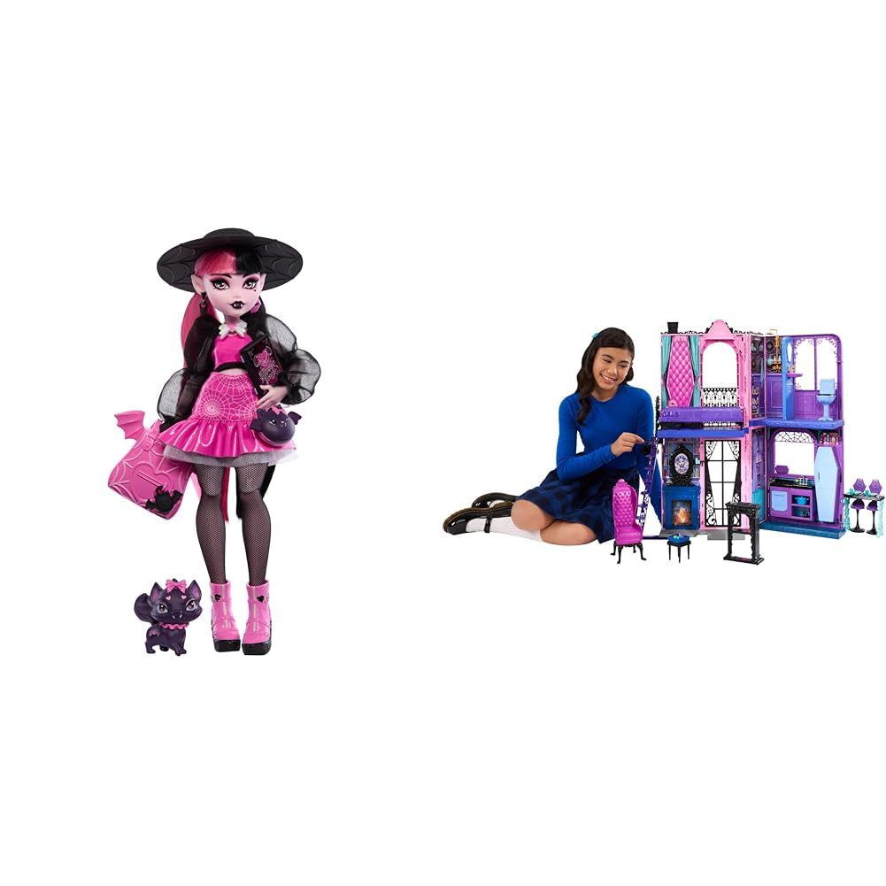 Bundle of Monster High Draculaura Doll with Pet Bat-Cat Count Fabulous & Accessories Like Backpack, Spell Book & More + Monster High Boo-tique Hotel, Foldable Playset with Surprises and 13+ Pieces Image