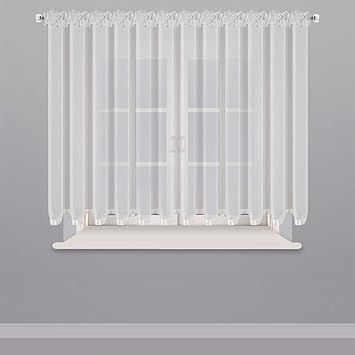 FKL Schöne Fertiggardine Fenstergardine Gardine aus Voile mit Faltenband Kräuselband Store Modern Weiß 150x400 cm LB-80