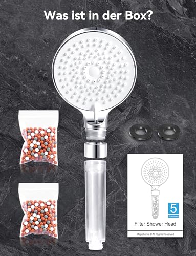 Magichome Shower Head with Filter, 5 Jet Types, High Pressure Hand Shower Filter | Duschkopf Wassersparend mit 3 Schichten Filtration Mineralstein, Duschkopf Filter für hartes Wasser, Entfernt Chlor & Kalk