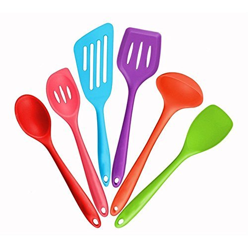 6-Piece Multicolor Silicone Kitchen Utensils - 2 Turners, 2 Spoons, 1 Spatula & 1 Ladle Heat Resistant