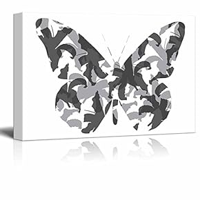 Monarch - Butterfly and Flower Silhouette - Black and White Exclusive Artwork - Quirky Fun Design - Canvas Art Home Art - 12x18 inches