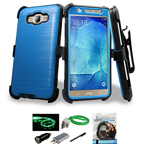 Samsung Galaxy J7 2016 Case, Mstechcorp Heavy Duty Full-Body Rugged Holster Armor [Brushed Metal Texture] Case [Belt Clip][Kickstand] for Galaxy J7 SM-J7008 with Accessories (Blue)