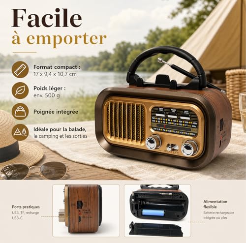 Portable Bluetooth AM/FM/SW Radio 1200mAh Rechargeable Vintage Radio with USB/TF Card/TWS, D Battery Operated Radio for Home, Garden, Camping and Elderly