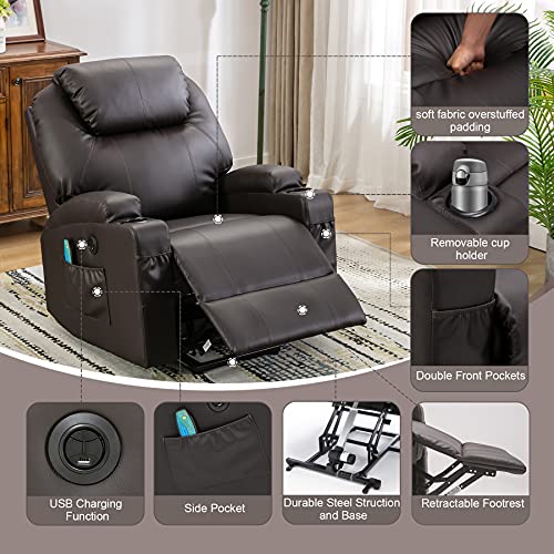 Oyerol Power Lift Recliner Chair with Heat and Vibration Massage for Elderly, Leather Electric Recliner Lift Chair for Living Room with USB Port, Cup Holders and 4 Pockets-Brown