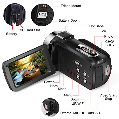 Video Camera Camcorder, VETEK 4K Ultra HD Vlog Camera for YouTube with Microphone, Digital WiFi Camera Recorder with Remote Control, IR Night Vision 3.0 inch Touch Screen 16X Digital Zoom 2 Batteries