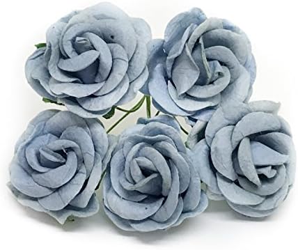 1.5" Blue Paper Flowers Mulberry Paper Flowers Paper Roses DIY Wedding Bouquet Miniature Flowers Artificial Flowers, 12 Pieces