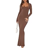 REORIA Womens Basic Sexy Square Neck Long Sleeve Soft Lounge Long Dress Fall Casual Ribbed Bodycon Maxi Dresses