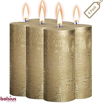 BOLSIUS Rustic Full Metallic Gold Candles - Set of 6 Unscented Pillar Candles - Gold Candles with a Full Metallic Coat - Slow Burning - Perfect Décor Candle - 190/68m 7.5X 2.75 Inches