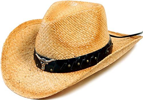 Halconia Classic Straw Cowboy Cowgirl Hat Western Outback w/Wide Brim, Beige