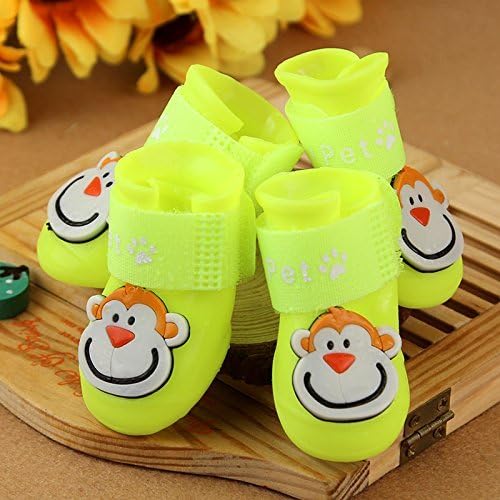 Zondam Pet Dog Puppy Rain Snow Boots Shoes Waterprrof Rubber Paws Cover, SET-4pcs, Yellow with moneky S