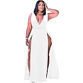 Ekaliy Women's Plus Size Sleeveless Deep V Neck Front Split Long Maxi Wrap Dress