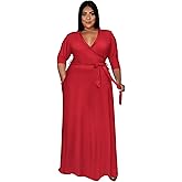 Runwind Plus Size Dress for Women - 3/4 Sleeve V Neck Maxi Dresses for Women （XL-6XL）