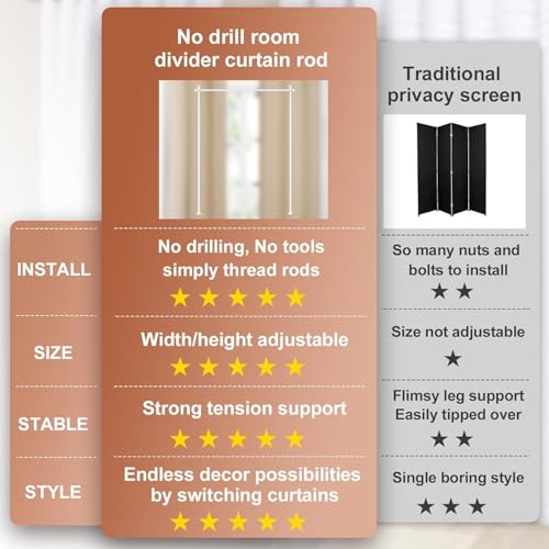 Dsocool Room Divider Curtain Rod, No Drilling Room Separator for Space Partition Adjustable 122-305cm(H) 70-177cm(W) Heavy Duty Temporary Wall Divider Floor to Ceiling Tension Rod, White