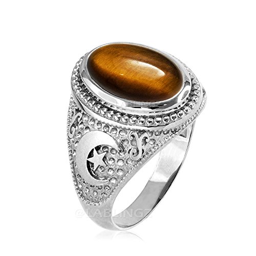 Sterling Silver Tiger Eye Islamic Crescent Moon Ring (6.5)