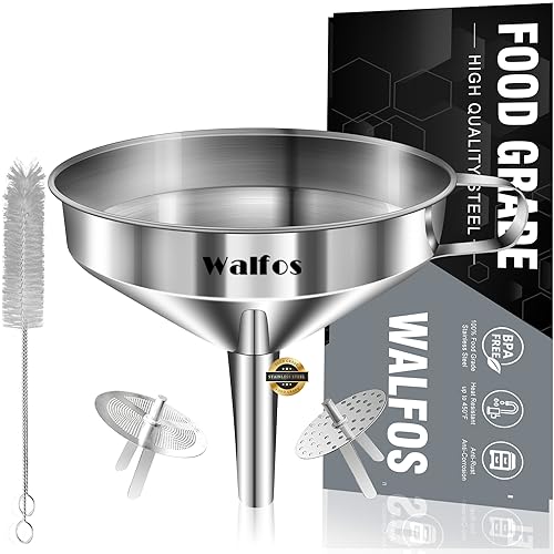 Stainless Steel Funnel, Walfos Kitchen Funnel with 2 Removable Strainer ＆ 1Pc Cleaning Brush, Perfect for Transferring of Liquid, Oils, Jam, Dry Ingredients & Powder (4.1