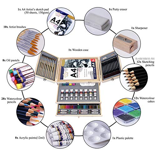 Professional Art Set, Art Supplies in Portable Wooden Case, 83 Pieces