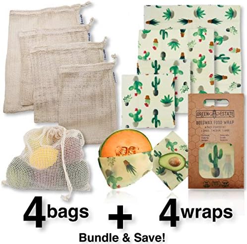 Green Estate Beeswax Wrap (4 pack) + Premium Natural Mesh Produce Bags (4 Pack) - Reusable, Eco-Friendly, 100% Compostable (Cactus)