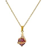 CHUQIU Gold Sacred Heart of Jesus Pink Heart of Mary Necklace for Women with Cubic Zirconia Gemstone Religious Jewelry Mother's Day Birthday Gift