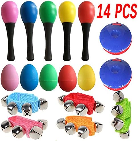 14PCS Musical Toys - Percussion Musical Instruments - Kids Mini Band Musical Instruments Rhythm Toys Value Pack(4 Maracas + 4 Egg Shakers + 4 Wrist Bells + 2 Castanets)