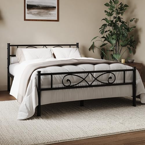 Vintage Full Size Bed Frame with Headboard, Platform Bed Frame with Headboard & Footboard, Bed Frame No Box Spring Needed, Metal Headboard Bed Frame with Under Bed Storage, Black