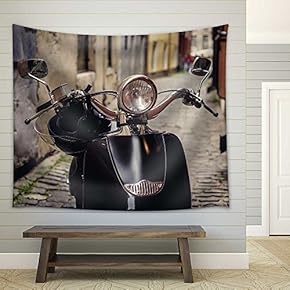 Moto Scooter on Narrow Street in Old Town - Fabric Wall Tapestry Home Decor - 51x60 inches
