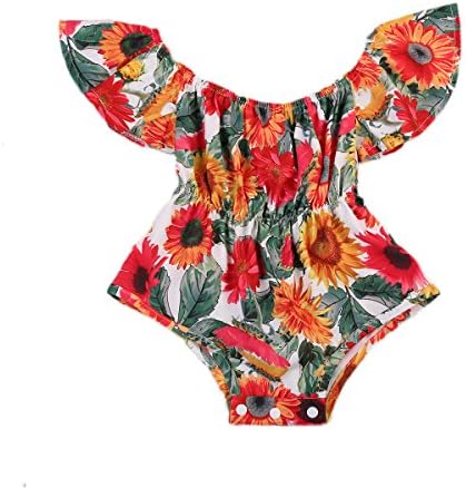 AnneBella Sunflower Baby Girls Romper Newborn Floral Off Shoulder Bodysuit Jumpsuit Outfits Clothes (0-6 Months)