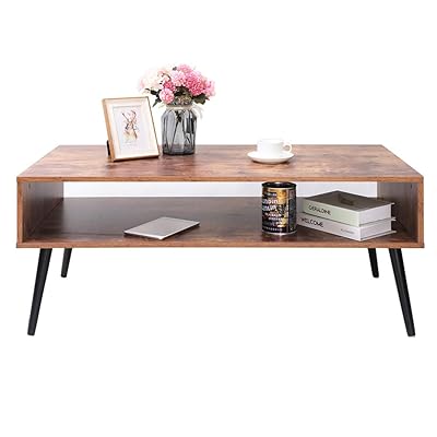 IWELL Mid-Century Coffee Table with Storage Shelf for Living Room