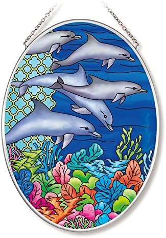 Amia 42568 Ocean Dolphins Medium Oval Suncatcher 7-Inch by 5.5-Inch Hand-Painted Glass