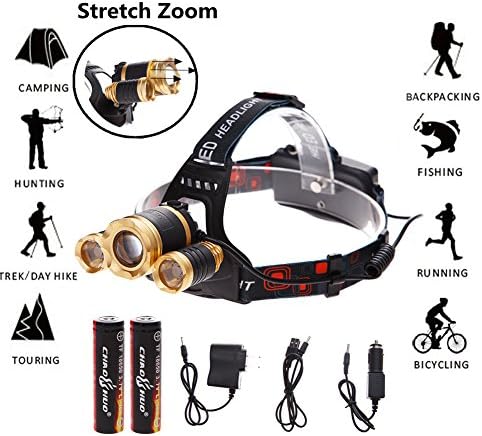 Lethu LED Headlamp Headlight Flashlight - Zoomable Super Bright , 4 Modes 3 XM-L CREE T6 LED, Rechargeable Batteries, Adjustable - Outdoor Hiking Camping Riding Fishing Hunting (Gold)