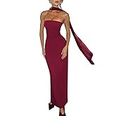 HUXRAKV Womens Sexy Strapless Maxi Cocktail Dress with Scarf Back Split Bodycon Tube Party Wedding Guest Dresses