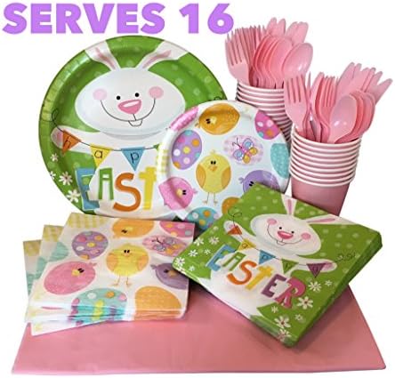 Serves 16 Easter Brunch Paper Plates and Napkins Set with Pink Cups, Utensils and Tablecloth (145 Pieces) Be Ready for Easter on April 16, 2017