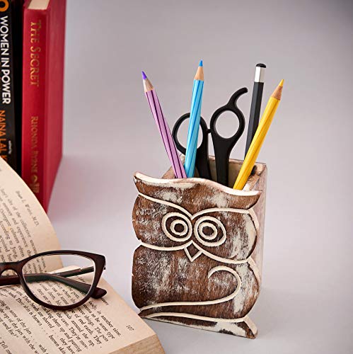 Christmas Birthday Gifts Owl Design Rustic Wood Pencil Holder Pen Cup Spectacle Eyeglasses Holder Desk Caddy Organizer Office Supplies Accessories Gift Ideas Office Coworkers