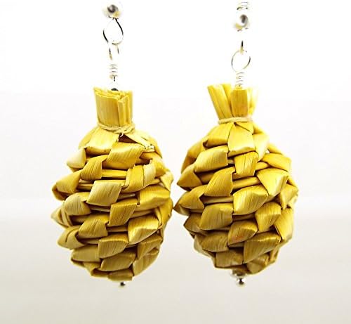 Large Pine Cone Earrings Made with Woven Raffia and Silver Toned Ear Wires