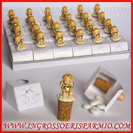 24 Pieces Cork with Shaped Resin Figurine Angel with Heart and Gold Color Detail, placed in White Box with Confetti – Wedding Favours Birth, baptism, Confirmation, pensierino Christmas pink
