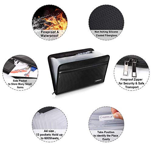 JUNDUN Expanding File Folder Accordion Document Organizer Fireproof and Waterproof Document Bag with A4 Size 13 Pockets Zipper Closure Non-Itchy Silicone Coated Portable Filing Pouch (14.4"x10.2") - Thumbnail 2