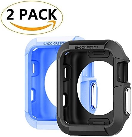 (2 Pack) RB Tech Rugged Armor Apple Watch Case with Resilient Shock Absorption for 42mm Apple Watch Series 3 / Series 2/1 / Original (2015) / Nike+ Sport Edition - Black & Blue