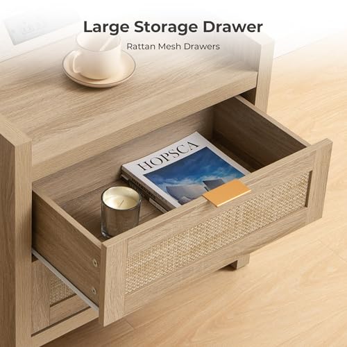 SICOTAS Rattan Nightstands Set of 2 Bedside Table - Bedroom Night Stand with Type-C Charging Station, 2 Drawers Storage - Boho Night Stands End Table for Bedroom Office - Light Oak