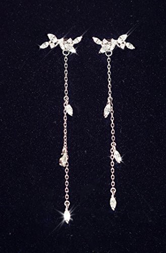 Elegant Fashion Long Korean Style Silver Plated Tassel Leaves Cubic Zircon Stud Earring