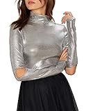 Haoduoyi Womens Casual Loose High Collar Long Sleeve Silver T Shirt Tops