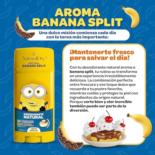 NaturalDry - Desodorante Para Niños y Teens Natural Infantil Minions 50g | Sin Aluminio ni Parabenos | 24hrs Protección | Para Niños y Adolescentes Piel Sensible (2 x Banana Split)