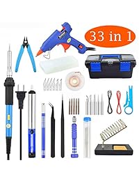 Kit de soldadura Electronics 33 en 1, actualización de 60 W de temperatura ajustable de soldadura de hierro con interruptor de encendido apagado, mini pistola de pegamento caliente, destornillador 5 en 1, 5 puntas, cable de soldadura, soldador Sucker, pin
