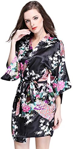 SUJING Women Kimono Bride Robe Ladies Half Sleeve Nightwear Short Bathrobe Women’s Satin Pajamas S-2XL