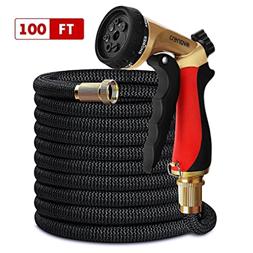CRENOVA 100ft Garden Hose Upgraded Expandable Hose with Double Latex Core, 3/4 Solid Brass Connector, Expanding Water Hose with 7 Function Metal Spray Nozzle