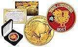 2017 YEAR OF THE ROOSTER Lunar CNY 24K Gold Clad Indian Buffalo Tribute Medallion BOX