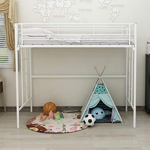 Elegant Home Products Modem Loft Style Platform Metal Loft Bed Frame Heavy Duty Steel Slabs Twin Size White Finish 744A (White)