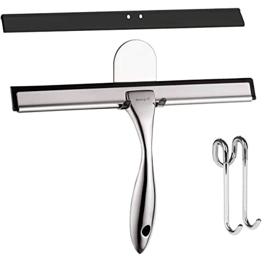 Ibergrif M34101 Shower Squeegees, Silicone Window Squeegee, Shower Cleaner for Window, Glass, Shower Door, Car Windshield, Include Shower Hooks, Stainless Steel