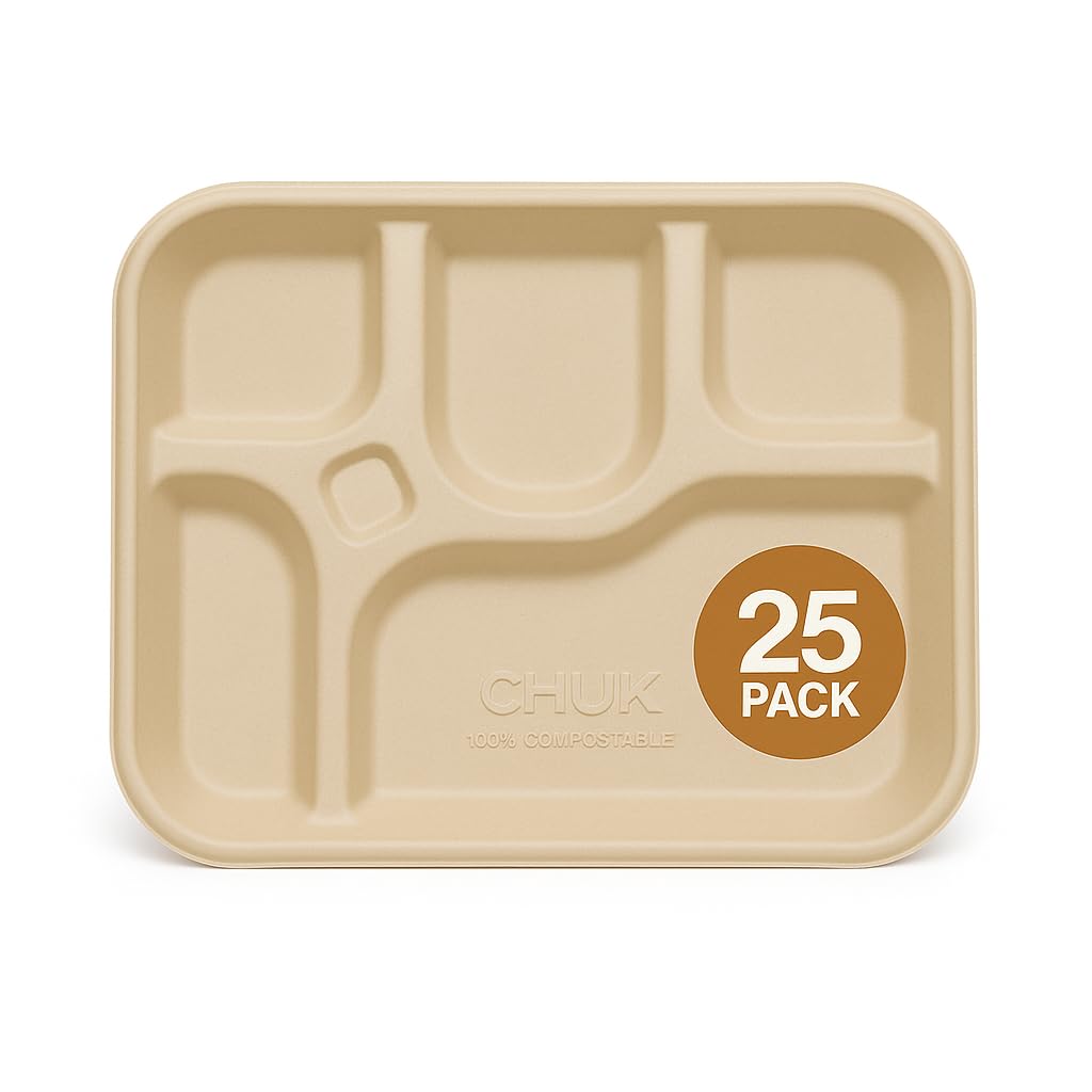Photo 1 of 100% Compostable, 5 Compartment, Disposable Paper Plates [25-Pack] - [PFAS Free] - [BPA Certified] - [12x9.5x1.5"] Heavy Duty Biodegradable Bagasse Sectional Lunch Trays + Dividers - Premium Quality