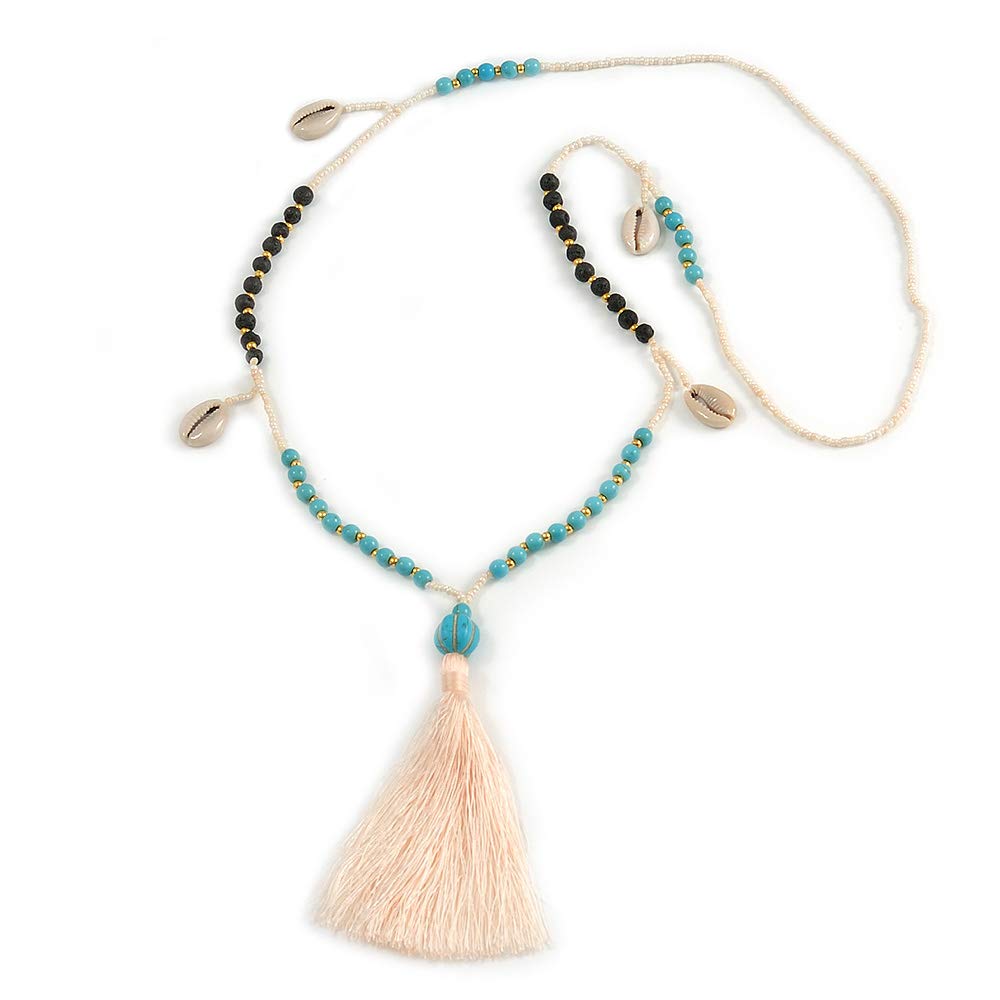 Avalaya Turquoise/Sea Shell/Faux Tree Seed/White Glass Bead Cream Cotton Tassel Long Necklace/90cm L/ 12cm Tassel