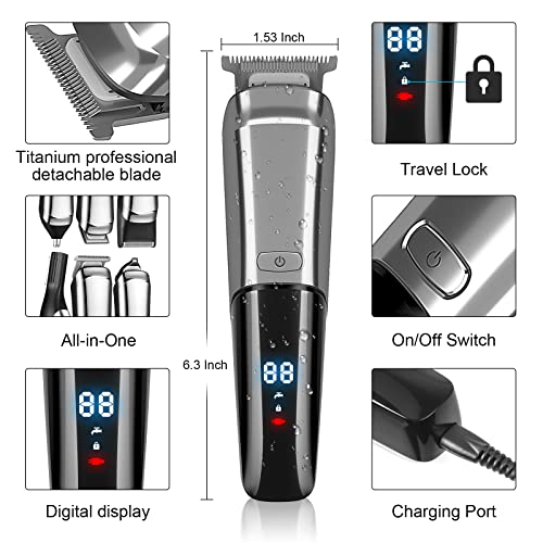 6 in 1 Beard Trimmer for Men, Hair Clippers & Hair Trimmer,IPX7 Waterproof Body Mustache Nose Ear Facial Shaver, Cordless/Rechargeable/LED Display/2 Hour Runtime Electric Razor Kit, Gift for Men