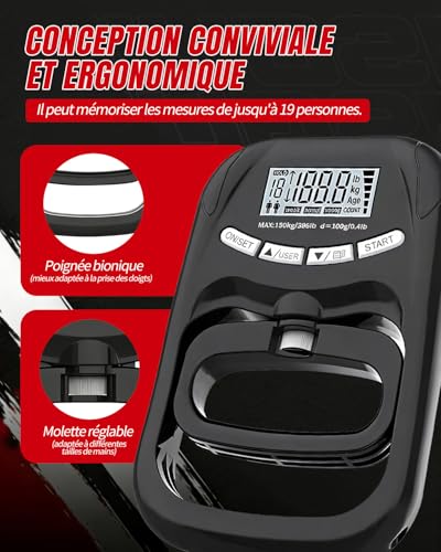 USB C Rechargeable Digital Hand Dynamometer, High Precision Grip Strength Tester 180kg, Intelligent LCD Display, 19 User Memory, for Sports, Rehabilitation and Health